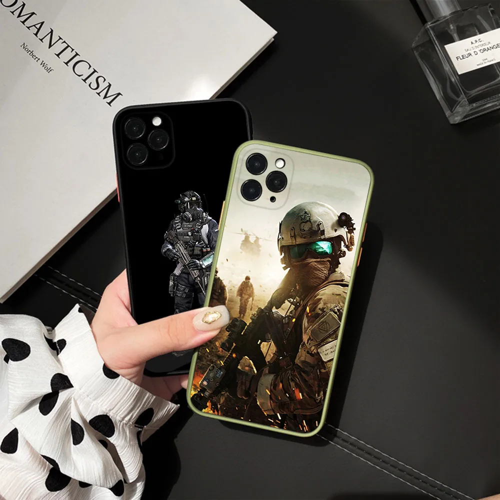 Phone Case For iPhone 15 Pro XS Max 14 7 8 6 6s Plus SE 11 12 13 Mini X XR Frosted Power Army Soldier Black Translucent Cover