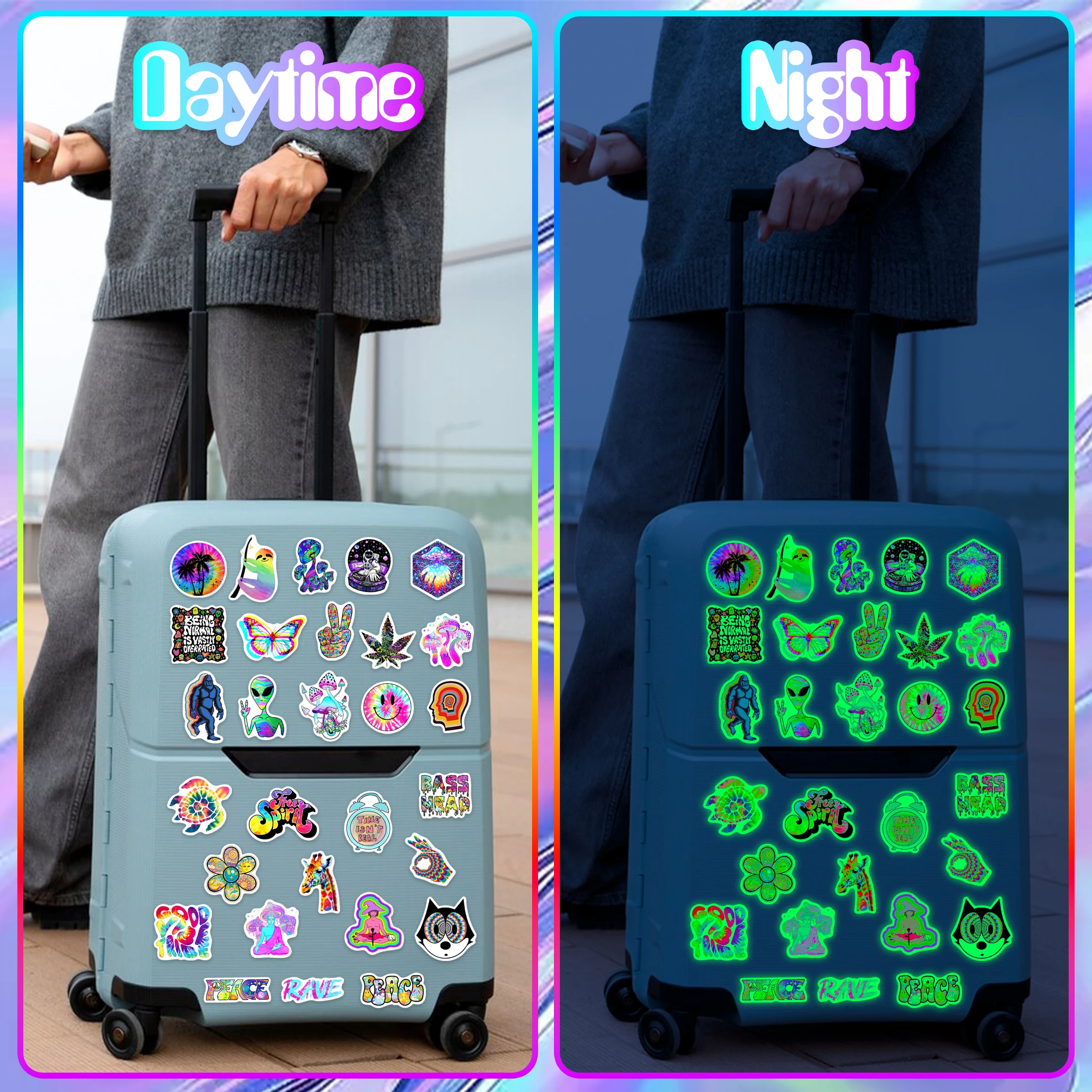 50Pcs Laser Fashion Glow in the Dark Stickers Waterproof Vinyl Decals Phone Case Skateboard Computer Decoration for Kids Gifts