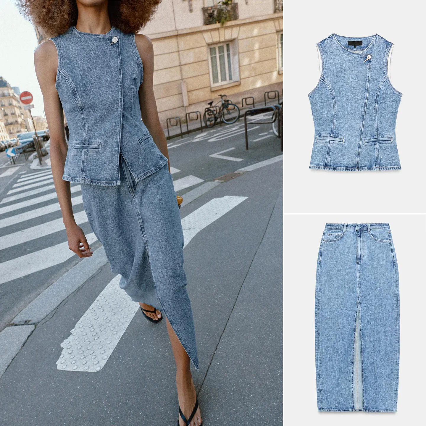 

Women's Summer Casual Denim Vest Sleeveless round Neck Double Breasted Half Skirt Set Pure Color Spring Fashion Outfit