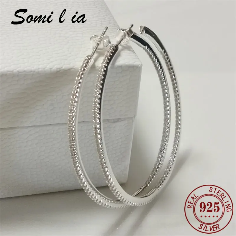 SOMILIA Fashion 925 Sterling Silver AAAAA ZC 40-60MM Hoop Earrings Dangale Earrings For Women Party Fine Jewelry серьги кольца