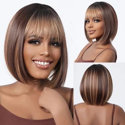 Brown Short  Afro Wigs for Black Women Holiday Wig with Bangs Brown Highlight Bob Synthetic Hair Wig Party Daily Fiber Fake Hair