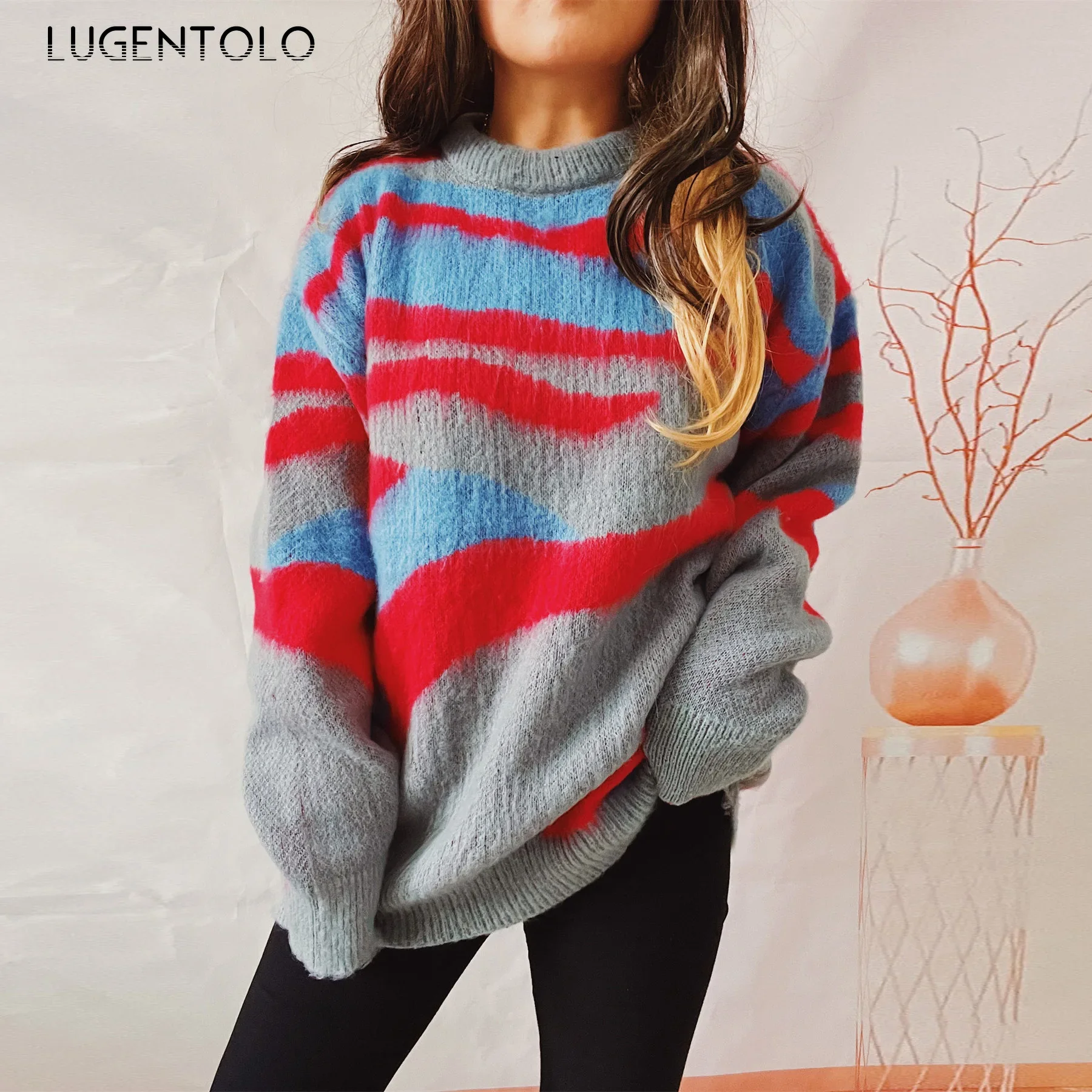 

Women Irregular Stripe Sweaters Loose Knitted Autumn Winter O-neck Female Long Sleeve Casual Comfortable Clothing