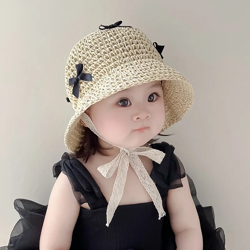 

Princess Kids Bow Straw Hat Children Summer Sun Hats Handwoven Breathable Fisherman Cap 1-5Year Baby Girls Sunshade Basin Caps