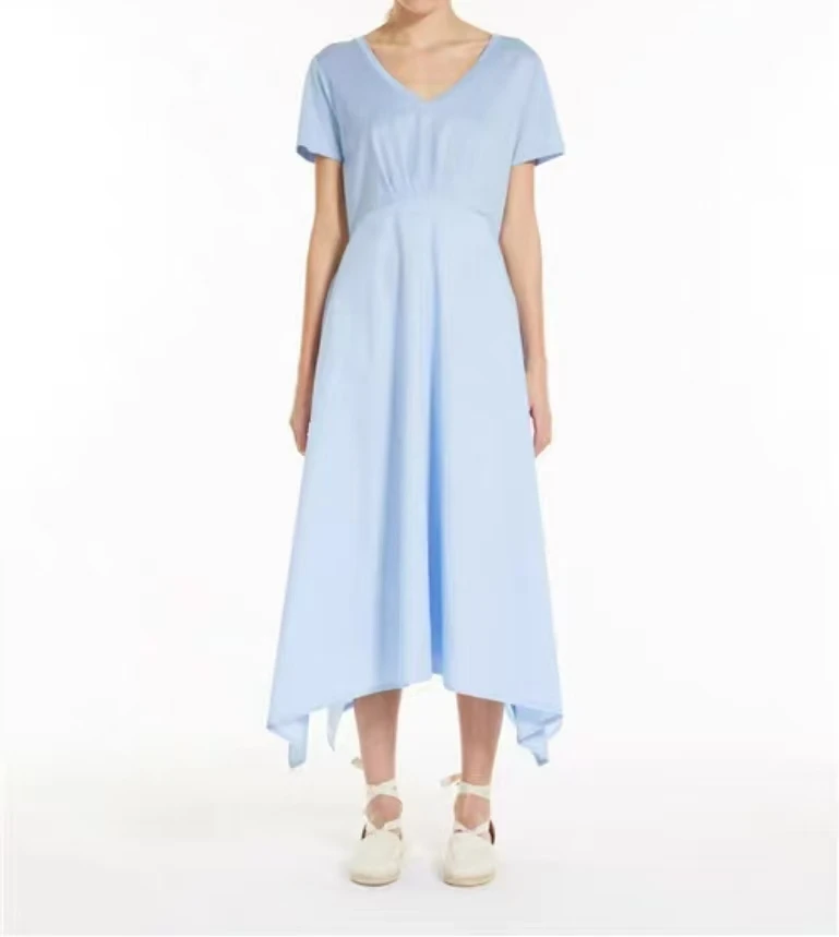 fenggejiwo dress women's casual solid color V-neck light blue pure cotton irregular long dress