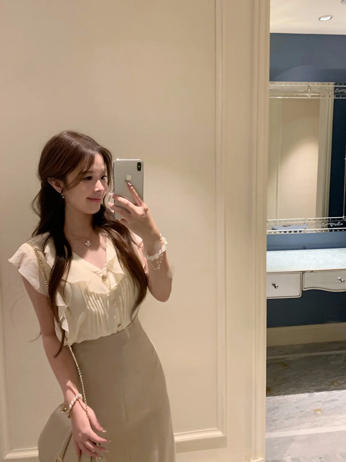 

Ele Sle Two-Colored Rosewth Soft Fraance Japanese Original Design Small Flng Sve irt Loose Fit Polyester Fiber