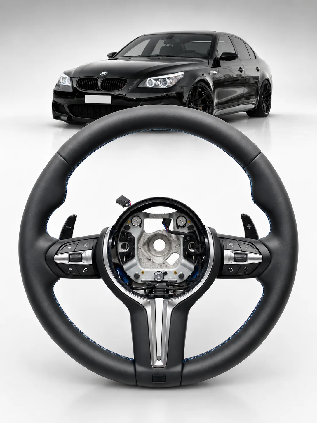 Premium Echtleder-Lenkrad Passend für BMW E60 E61 2006-2012 M Sport-Stil Runder Boden Innenraum Maßgefertigter Griff