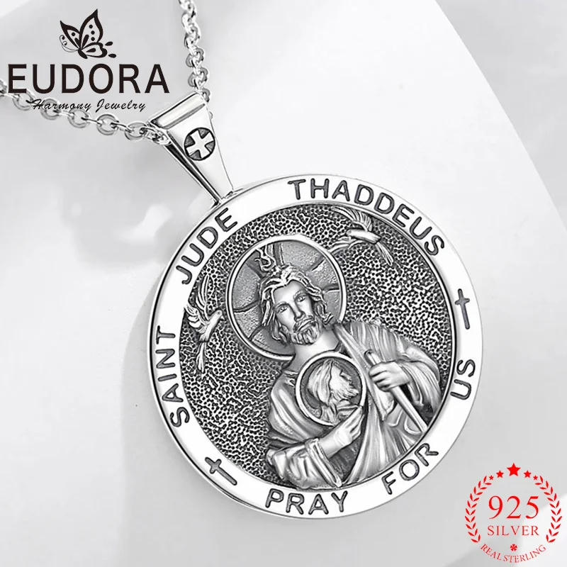 

Eudora Saint Jude Thaddeus Necklace 925 Sterling Silver Vintage Medal Amulet Pendant Catholic Jewelry Gift for Men Women