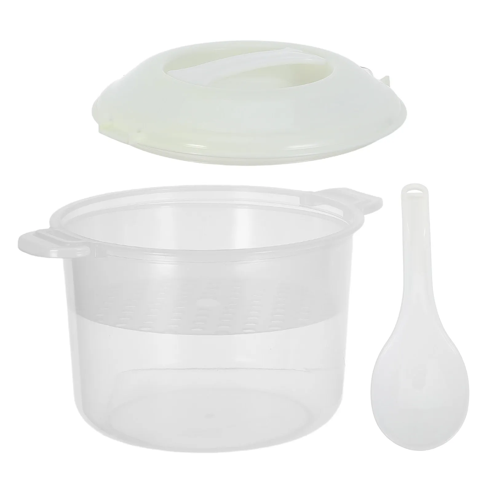 Olla Arrocera de Microondas de 0.6L, Vaporera Rápida, Recipiente Redondo para Alimentos, Estilo Asiático, Tazón Portátil, Cuchara para Arroz, para Almuerzo y Cocina