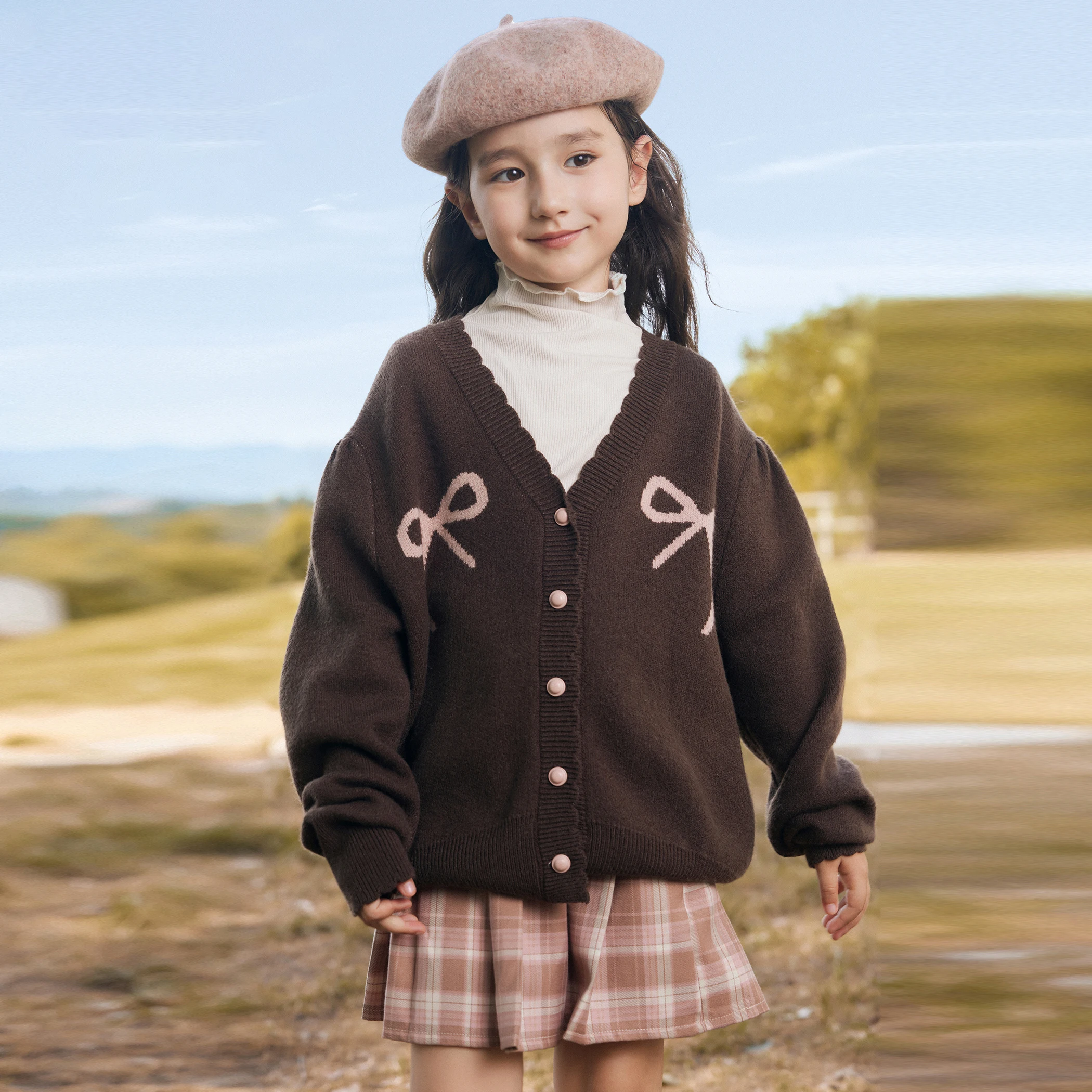 

Kids Cardigan Age 3-11Y Baby Girl Casual Daily Spring&Autumn Bow Knitwear Tween Girl Vintage Outfit Child Japan Style Knitted