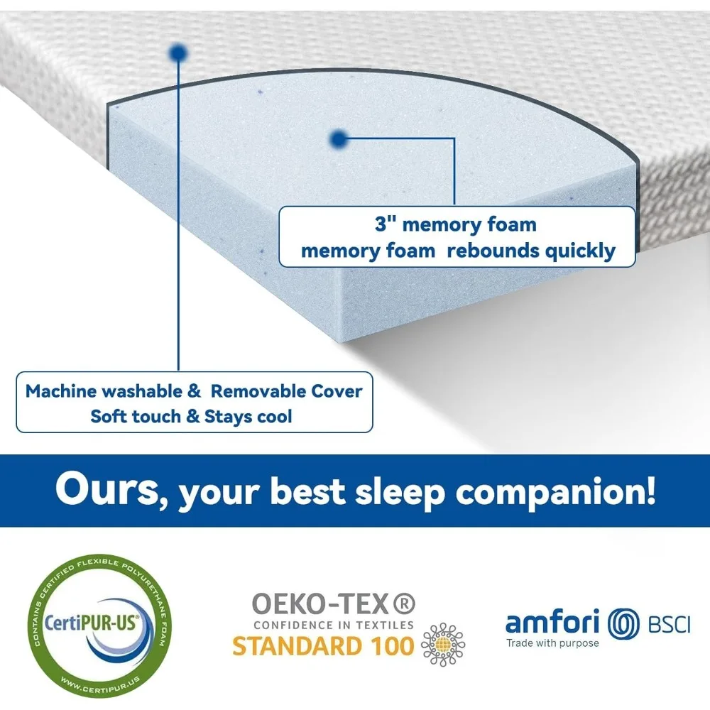 3 Inch Gel Memory Foam Mattress Topper Queen, Cooling Mattress Topper with Removable & Washable Bamboo Cover