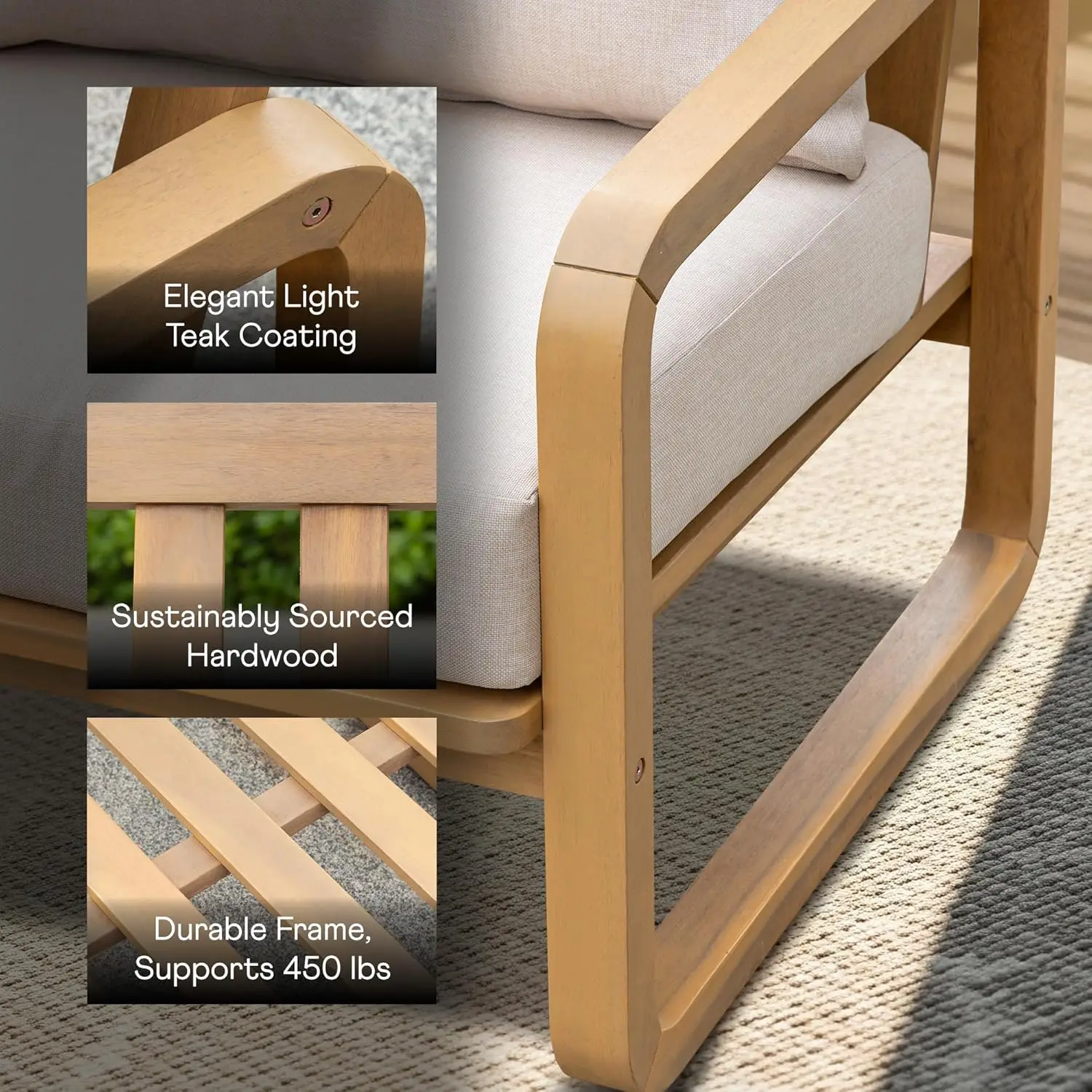 Conjunto de 2 cadeiras club Idzo Ivy Wood – tecido bege, poltrona de madeira para exterior com almofadas para pátio, jardim ou varanda Re