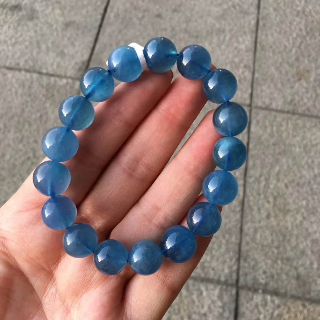 Natural Blue Aquamarine Clear Beads Bracelet Star Light 12.5mm Fashion Women Men Brazil Stretch Jewelry AAAAA