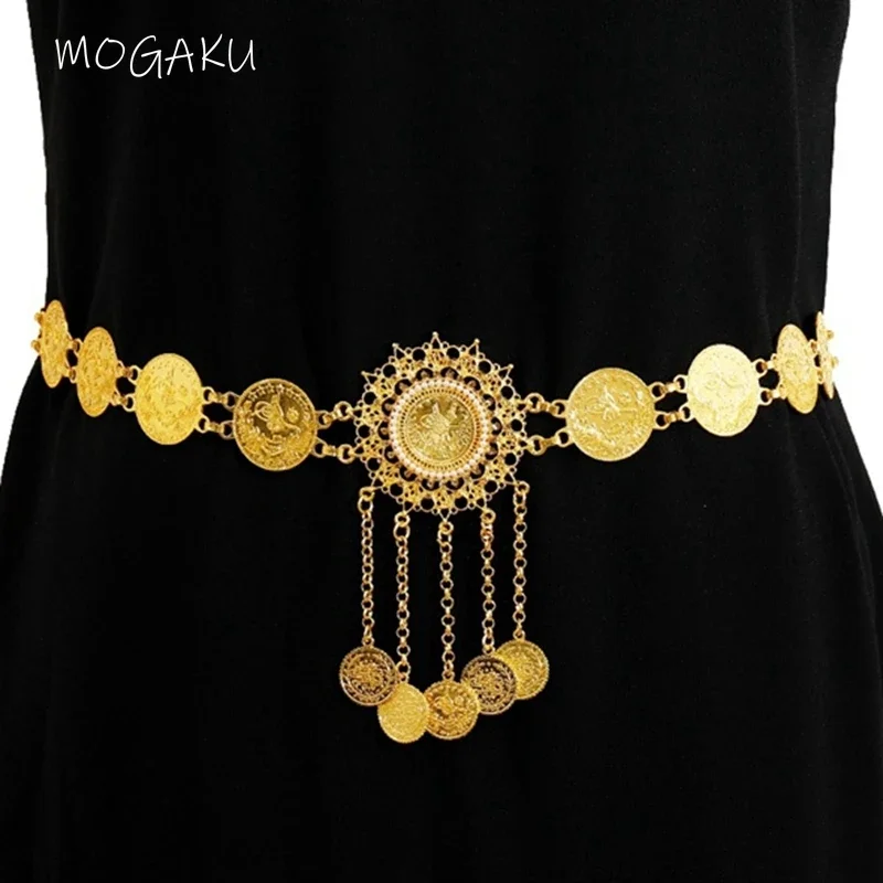 

MOGAKU Gold Color Crystal Belly Chains for Women Coins Tassel Waistbands Ethnic Statement Afghan Turkish Tribal Body Jewelry