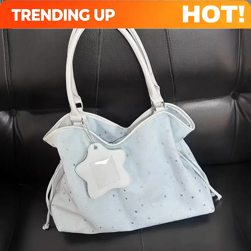 Star-print Polka Dot Tote Bag Harajuku Sweet Women's Letter Embroidery Large Capacity Shoulder Bag Blue Underarm Bag Handbag