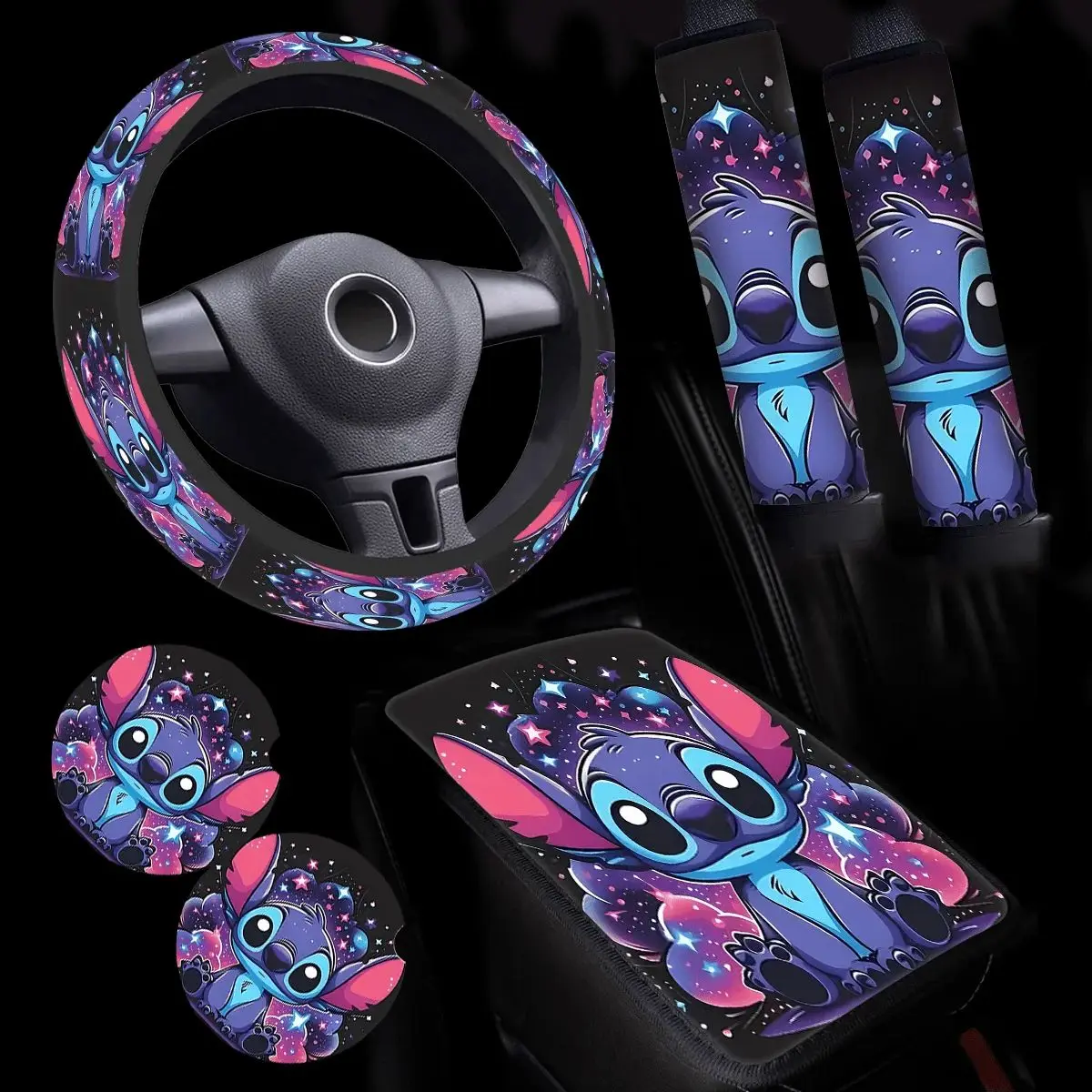 

6Pcs Stitch Pattern Car Interior Set, Steering Wheel Cover, Safety Shoulder Cover, Armrest Box Pad, Water Coaster