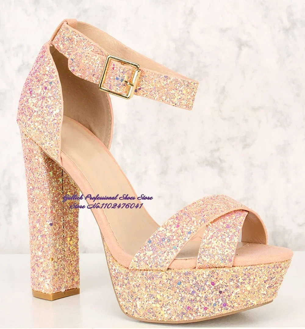 Women Champagne Pink Glitter Chunky Heel Sandals Bling Bling Sequined Platform Wedding Shoes Size46 Shinning Paillette Shoes