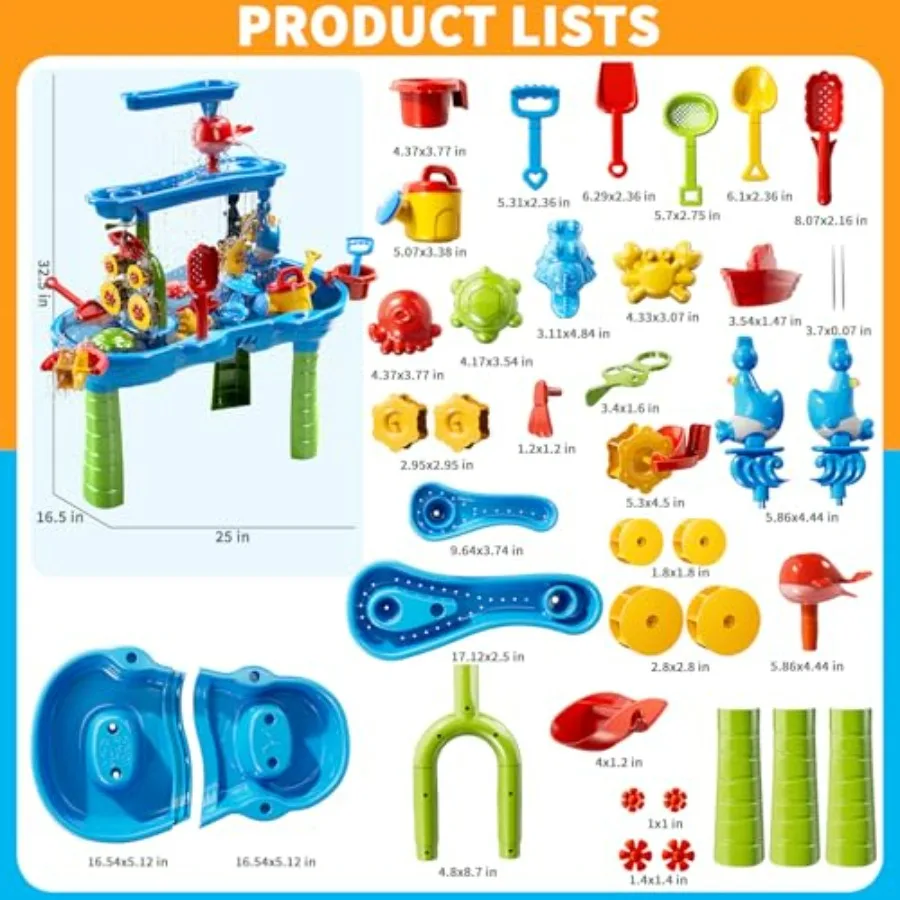 Outdoor 3-Tier Water Table for Toddlers Ages 1-3 4-8, Plastic Blue Sensory Play Table with Rain Showers, Splash Pond, and Sand