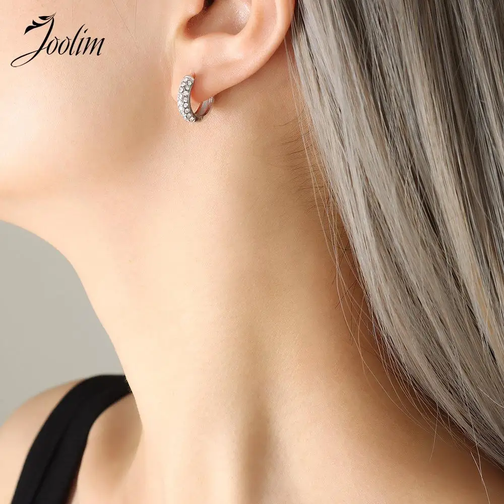 JOOLIM Jewelry High End PVD Wholesale Tarnish Free Delicate Luxury Clear&Green Zirconia Huggie Stainless Steel Earring For Women