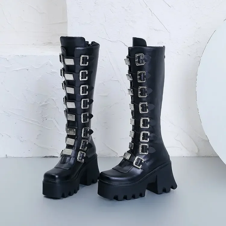 Frauen Stiefel Cosplay Damen High Heel Plattform Keile Frauen Hohe Stiefel Gothic Schnalle Lange Röhre Leder Weibliche Stiefel Plus Si – Detail 14