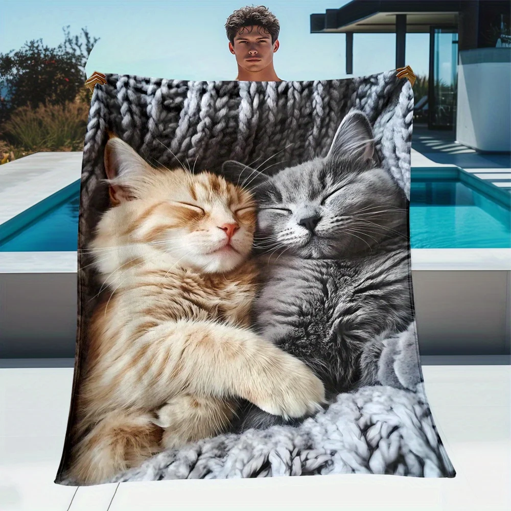 Realistic Sleeping Cat Print Flannel Blanket, Soft Polyester Digital Print Throw, Lightweight for Indoor Outdoor Use