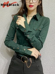 MadBlack New Spring Women's Long Sleeve Green Shirts Autumn Office Lady Pocket Blouses Women Button Up Tops 2023 T33111Z