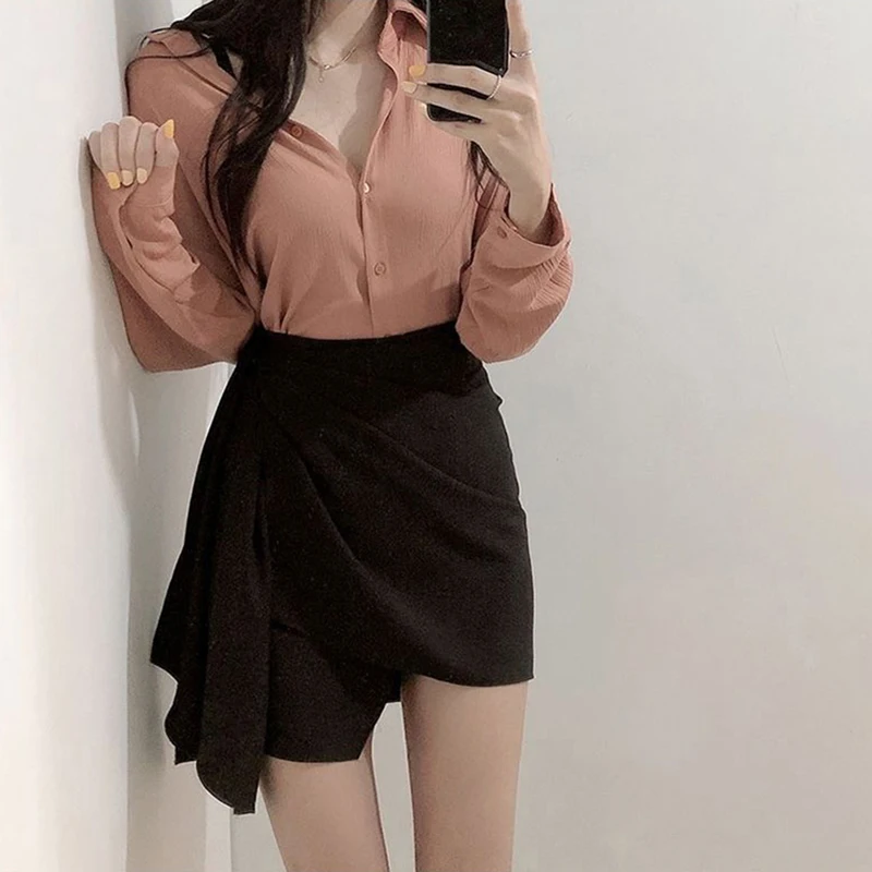 MEXZT Irregular Mini Skirt Women High Waist Black Bandage Wrap Hips Skirts Korean Fashion Elegant Slim All Match A Line Skirt