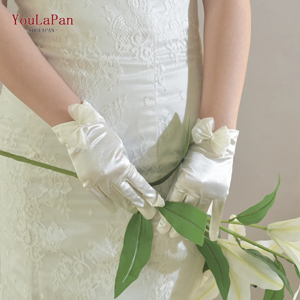 YouLaPan T31 Wrist-Length White Exquisite Gloves With Cute Mesh Bow And Pearl Decoration Suitable For Wedding Parties And Daily