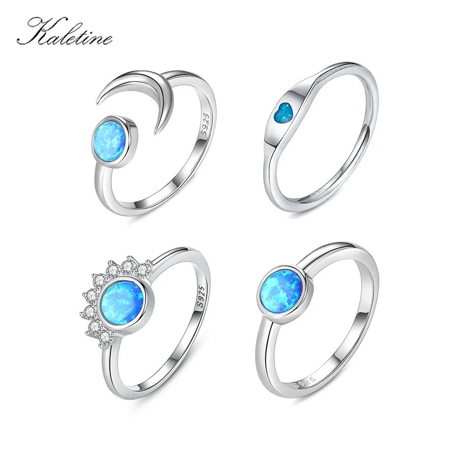 Kaletine 925 Sterling Silver Boho Midi Moon Heart Pearl Rings for Women Opal Crystal Finger Ring Female Wedding Jewelry Gifts