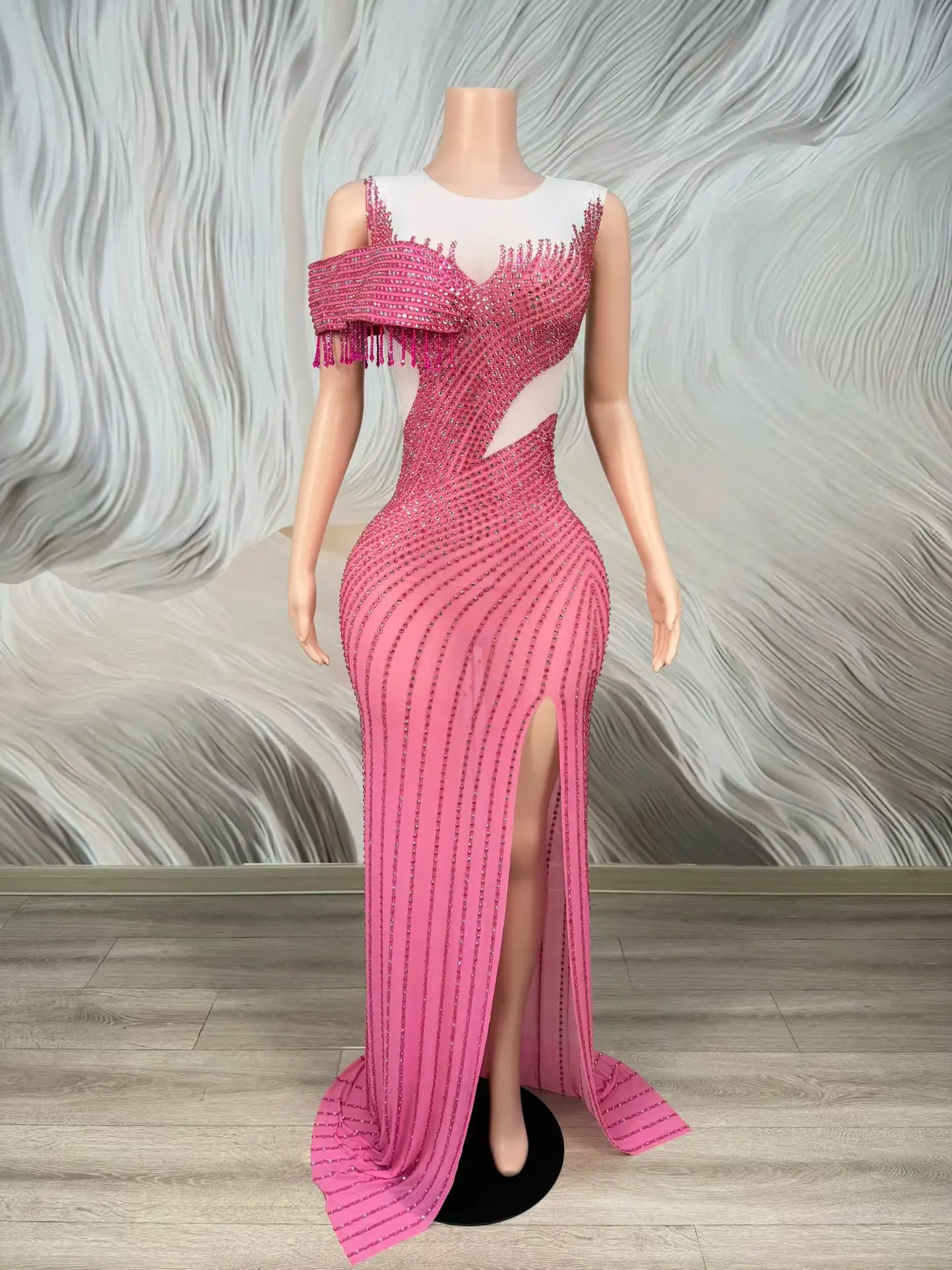 Mulan Elegant Fuchsia Full Rhinestone Mermaid Evening Dress Single Fringe Sleeve Cutout Waist High Slit Birthday Gala Gown view 3