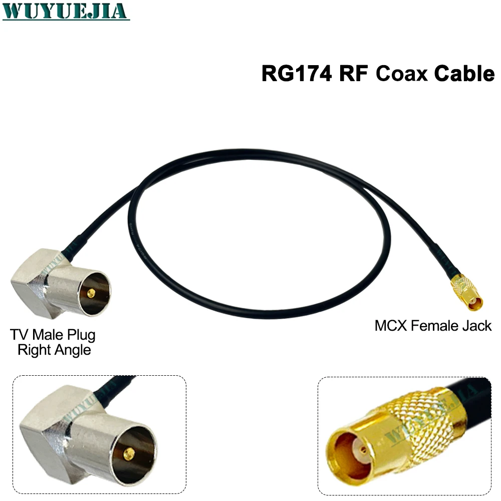 RG-174 كابل التلفزيون ذكر/أنثى الزاوية اليمنى إلى MCX ذكر موصل قابس 50 أوم محوري تمديد الحبل ضفيرة لاستقبال التلفزيون المحمول