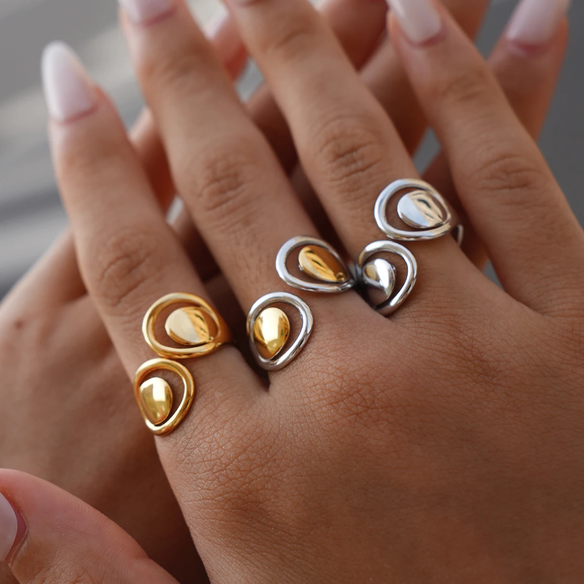 Простой вырез из металла, гладкое кольцо из нержавеющей стали, женское модное кольцо с каплями воды, регулируемое толстое кольцо, вечерние ювелирные изделия, подарок