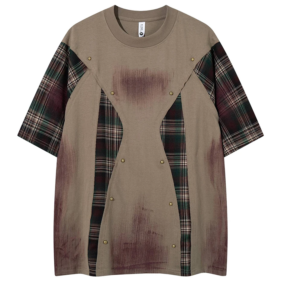 Men's T-shirt Washed Rivet Camouflage Color Block Loose Oversized Summer Black Tshirts Casual Tee Tops
