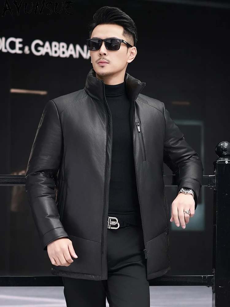 AYUNSUE Top Quality Cowhide Genuine Leather Jacket Man Winter Stand Collar White Duck Down Jackets Windproof Puffer Coats Slim
