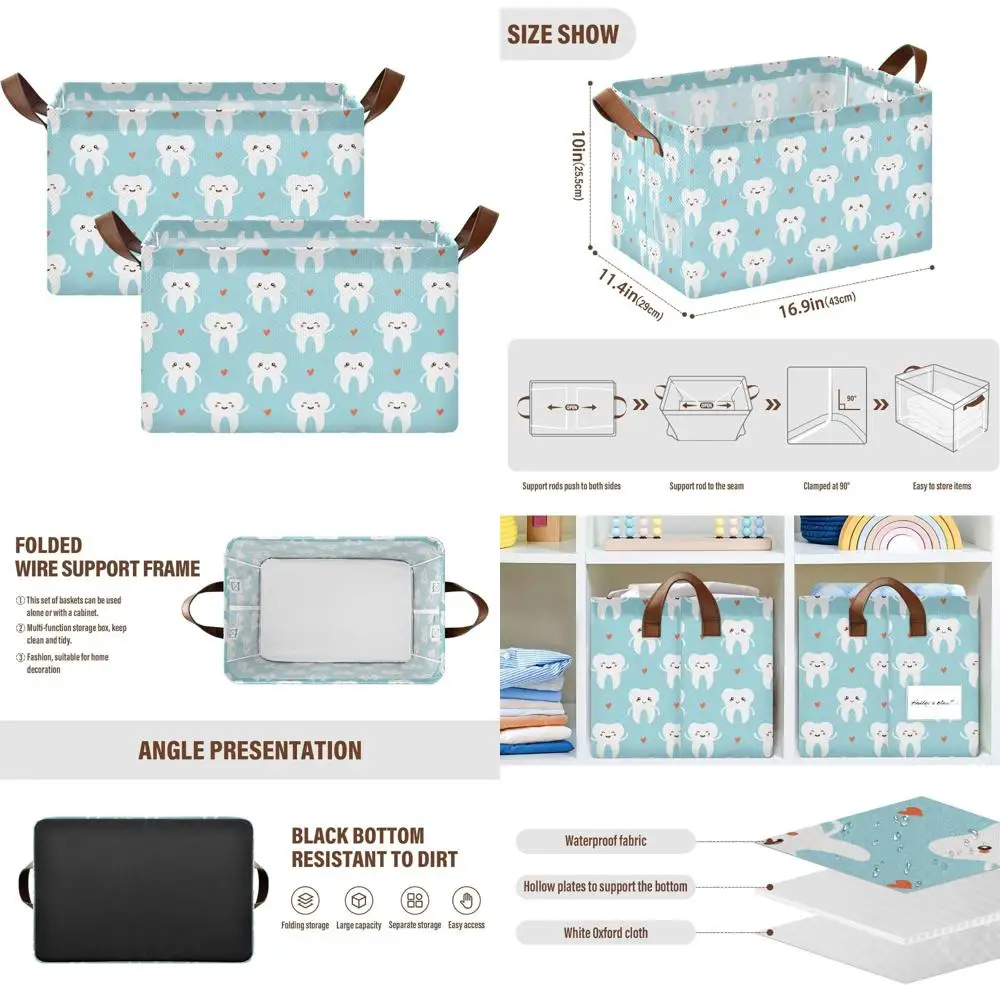 

Collapsible Storage Basket, Blueangle Cute Cartoon Teeth Design, 16.9 x 11.4 x 10 Inches, Home Decor Organizer, Set of 2