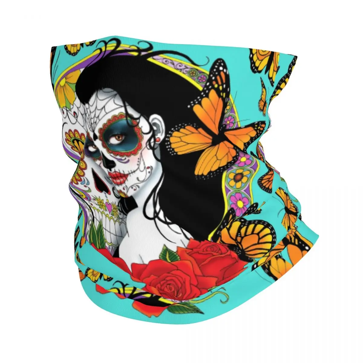 Mexican Sugar Skull Floral Girl Bandana Neck Gaiter for Ski Running Men Women Wrap Scarf Calavera Catrina Headband Warmer