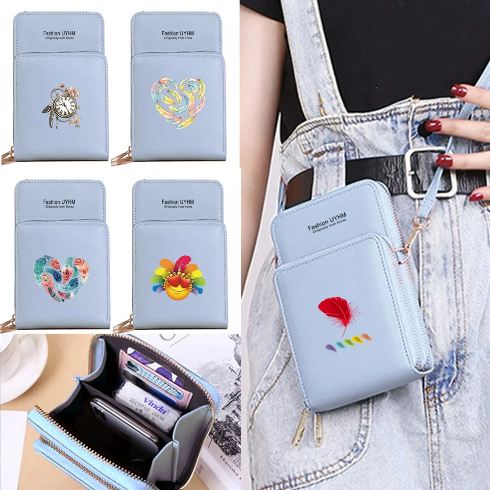 

Women Shoulder Bag Pu Leather Wallets Card Pack Touch Screen Mobile Phone Bags Crossbody Purse Feather Print Waterproof Purses