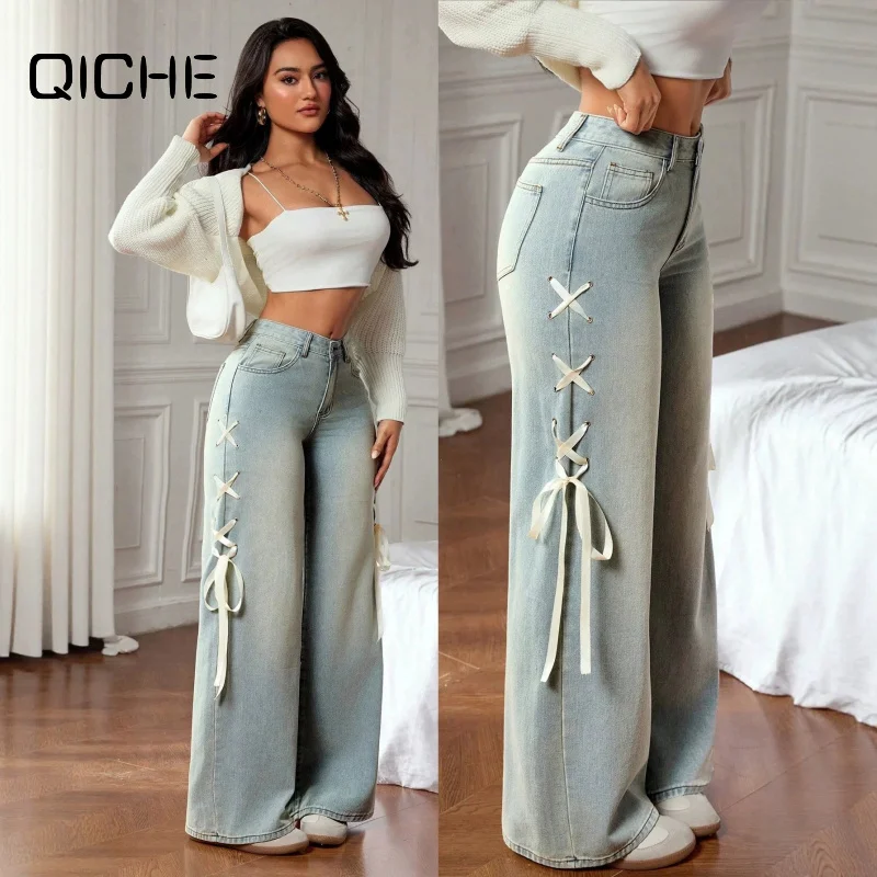 QICHE 2026 New Women Casual Wide Leg Jeans Loose Fit Denim Pants With Side Waist Ribbon Decoration