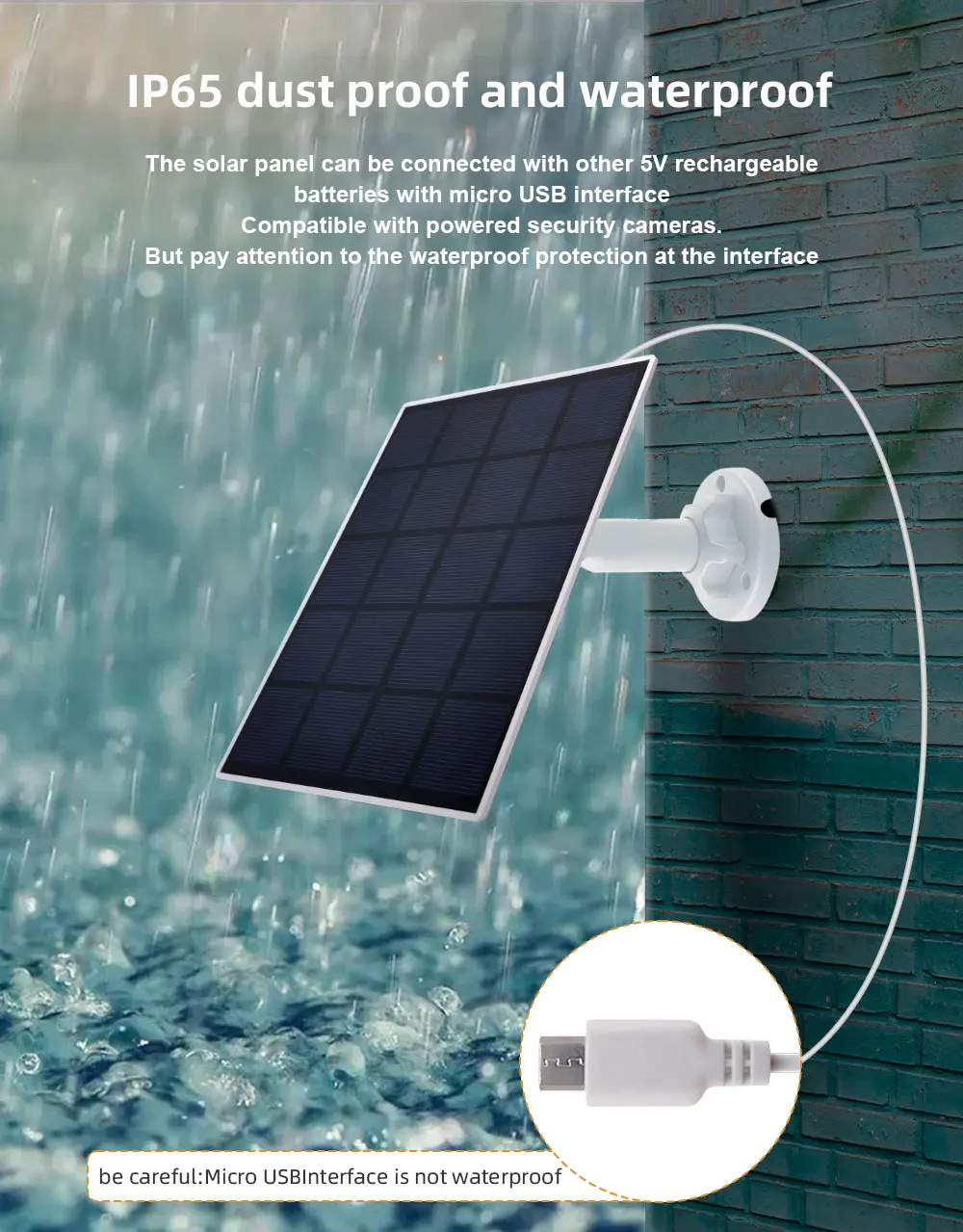 Solar Panel for Battery Camera 3M Cable Rechargeable Power for Security Outdoor WiFi Camera's Power Adapter with USB interface