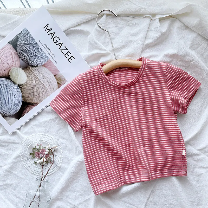 Elegant Bamboo Knot Texture Baby Summer Short Sleeved T Shirt for Boys and Girls Comfortable and Breathable Round Neck Top