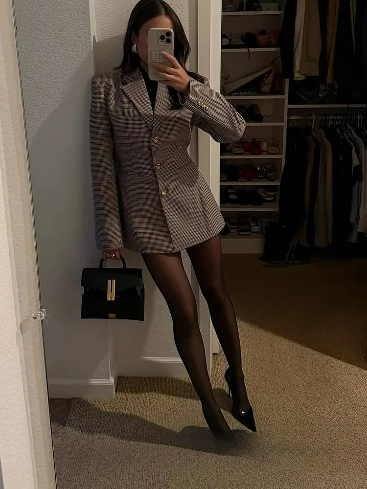 KONDALA Vintage Chic Women Blazer Houndstooth Single Breasted Slim Long Sleeve Blazer Fashion 2025 Spring Office Lady Blazers