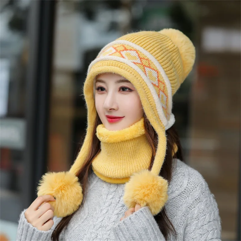 New Winter Plush Warm Wool Peruvian Hat Sweet Cycling Bib Suit Knitted Cap Double Pompon Hat Chunky Cable Knit Earflap Crochet