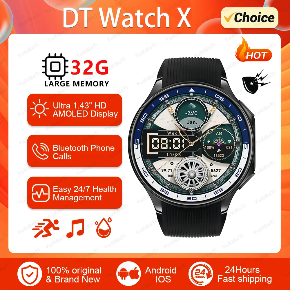 New DT Watch X Smart Watch 3D AOD Mode Local Video Music Player 4GB ROM USB Modes Photo Amoled BT Call Smartwatch Wrist For OPPO