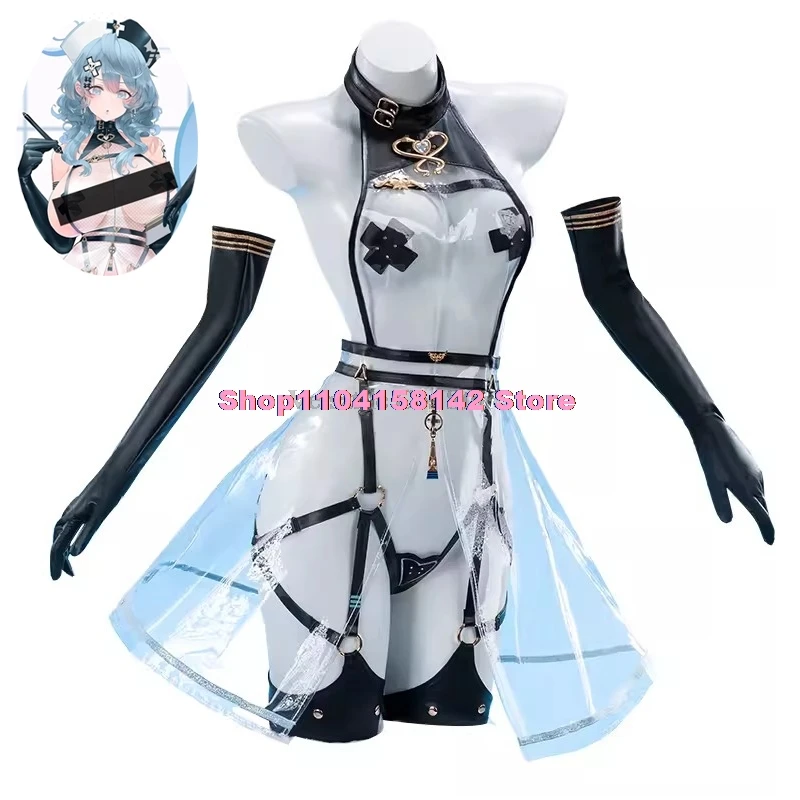 Anime Game Blue Archive Amau Ako Cosplay Costume Wigs Women Sexy Leather Transparent Nures Dress Gloves Outfit Halloween Clothes