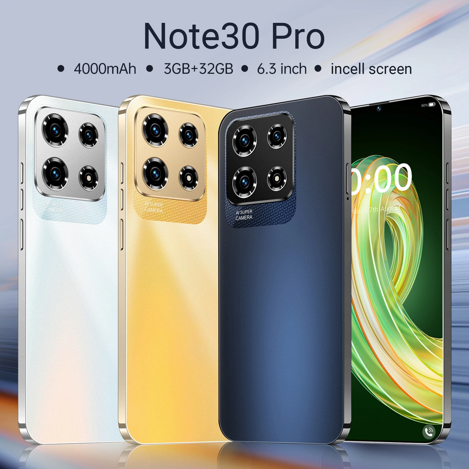 FUFFI-Note 30 Pro,Smartphone,6.3 inch,4000mAh,3+32GB ROM,5+13MP,Dual SIM,Google Play Store,Mobile phone Android,Cellphones