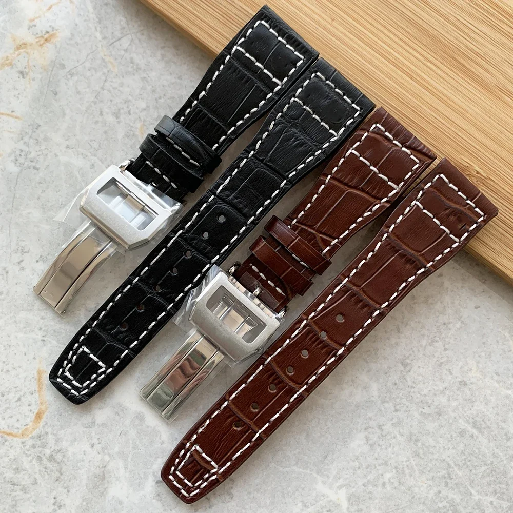 

20mm 21mm 22mm Calf geniune Leather Watch Strap with Folding Clasp Men's Watch Band Dark Brown Black