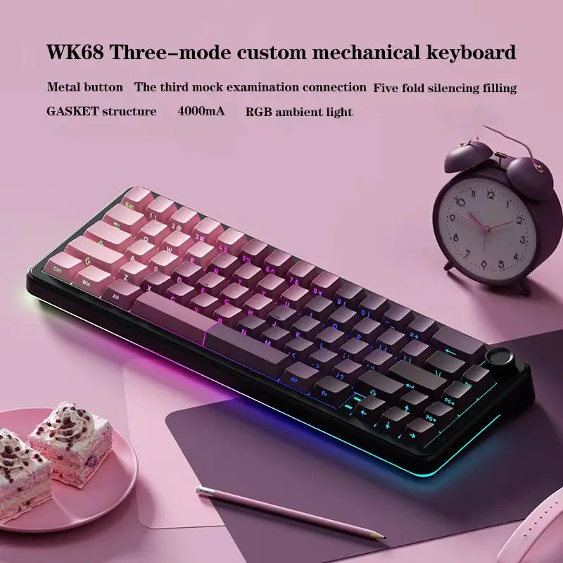 WK68 Gasket Mechanical Keyboard, 65% Wireless Hotplug RGB Luminous Game Keyboard with Five-Layer Padding&Knob， Linear Switch, PB