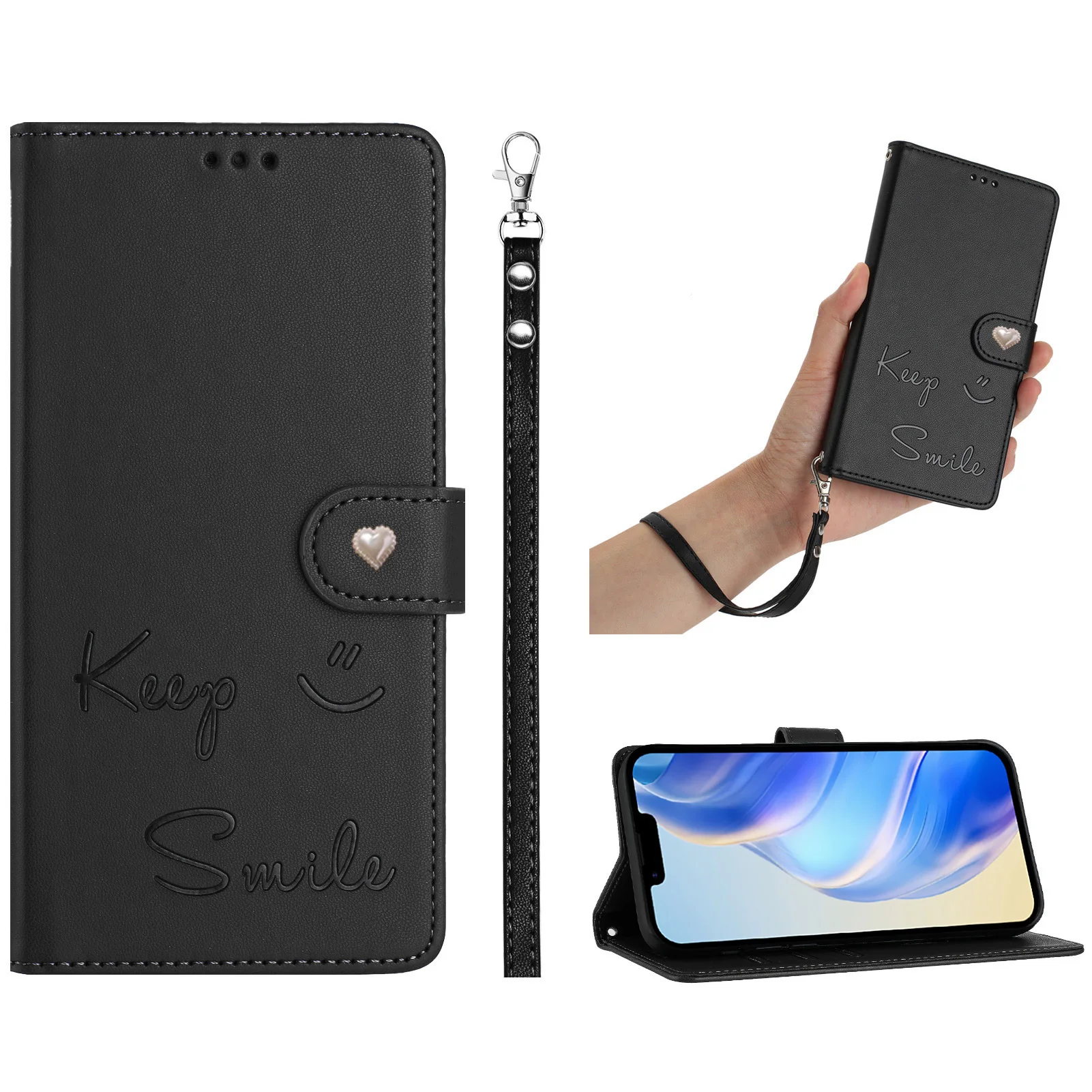 

Crossbody Flip Case for OPPO A98 A97 A96 A95 A93 A92S A92 A80 A79 A78 A77 A76 A74 A73 A72 Smile Leather Lanyard 3 Cards Cover