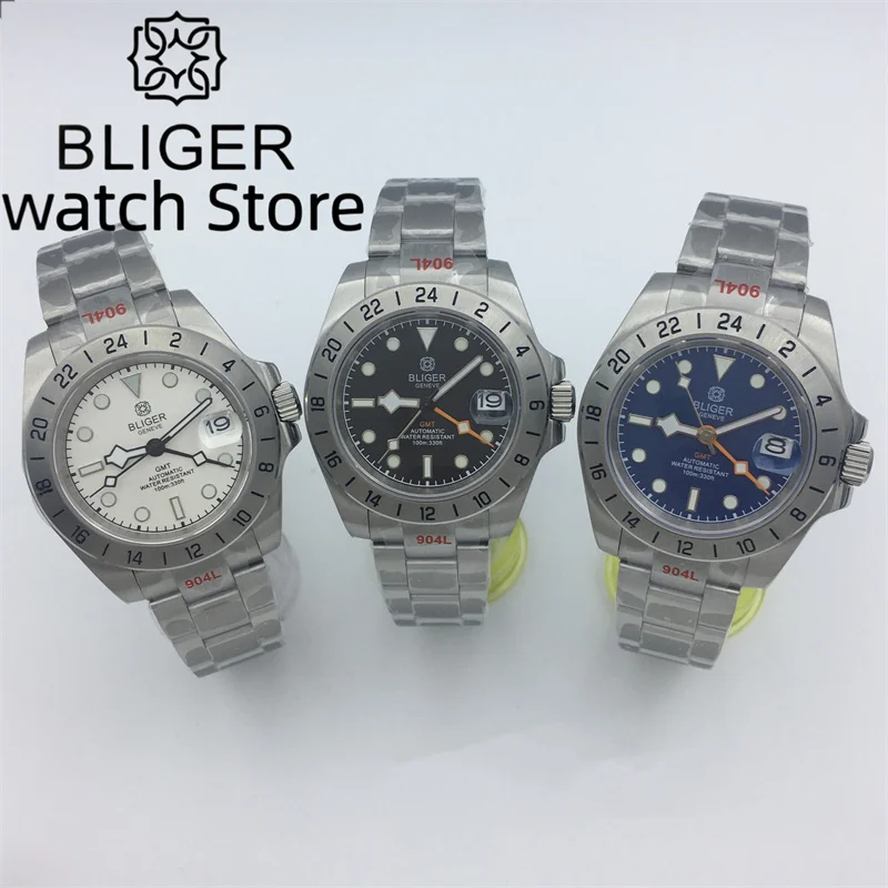 

Bliger40mm NH34A(GMT) Automatic mechanical fashion men's watch black and white blue dial Silver Jubilee bracelet sapphire glass