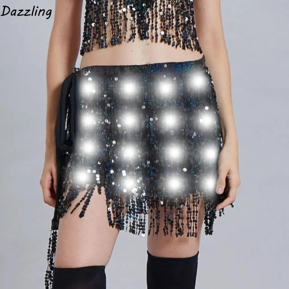 ベルト巻きベリーダンスヒップスカーフ光沢のあるレースアップLEDスパンコールタッセルスカートスターフリンジナイトクラブライトアップヒップスカーフフェスティバル