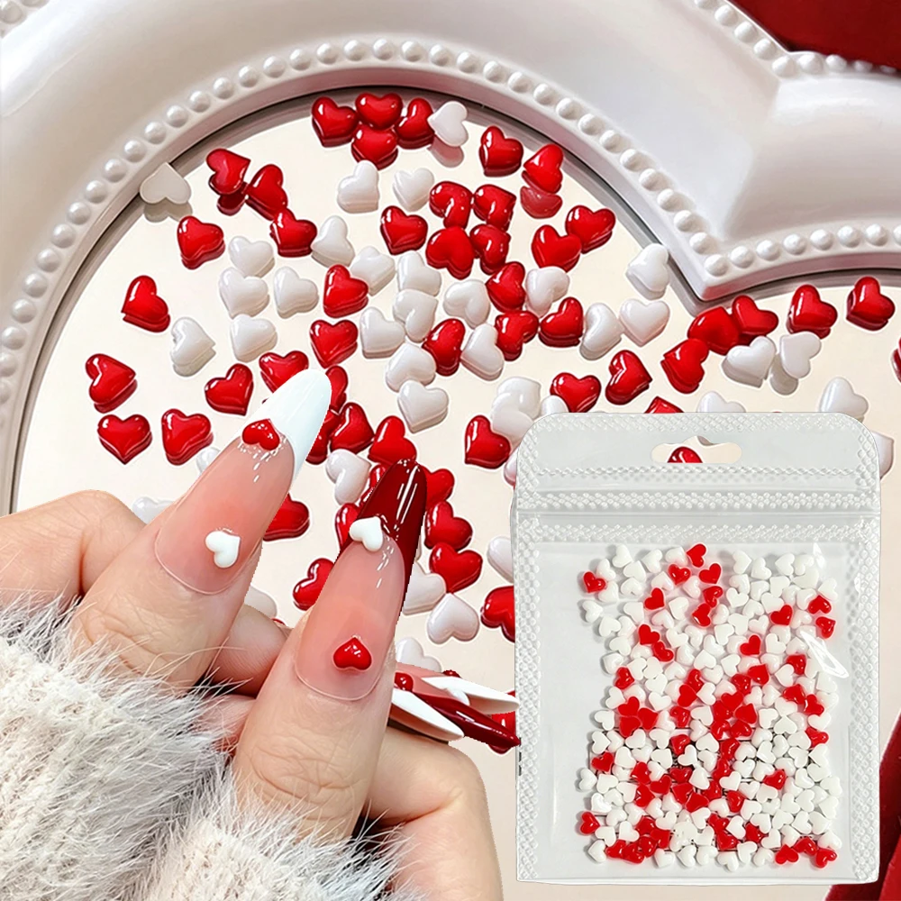 200 Stück Gemischte Rot-Weiße Herz-Nagelkunst-Charms Mini 3D Liebevolle Flache Nageldekoration 5*4mm Niedliche Herzförmige Süße Maniküre-Bastelzubehör